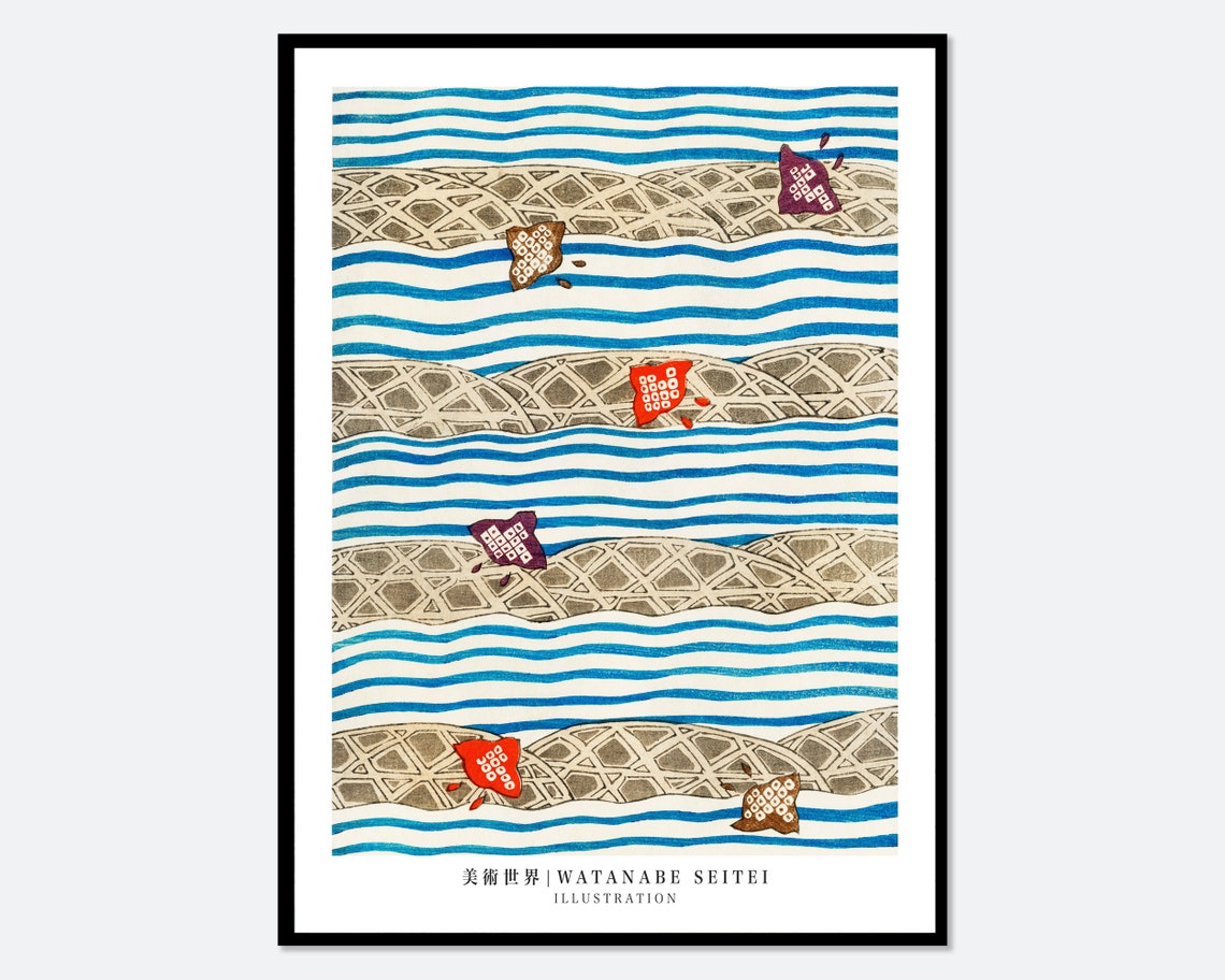 Watanabe Seitei Blue Wave Lattice Water Pattern Japanese Art Poster