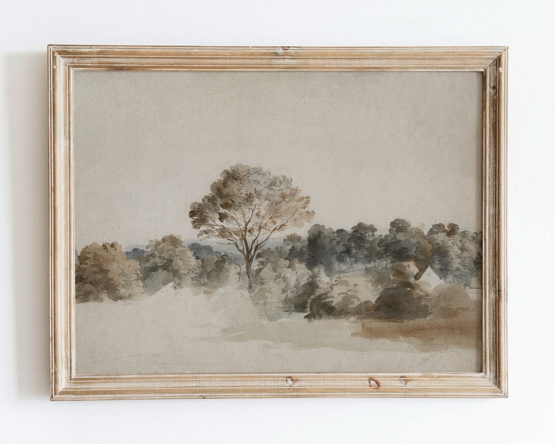 European Vintage Rustic Neutral Country Lake Forest Landscape Oil Painting Neutral Toned Antique Poster Muted Farmhouse Wall Art Vp22