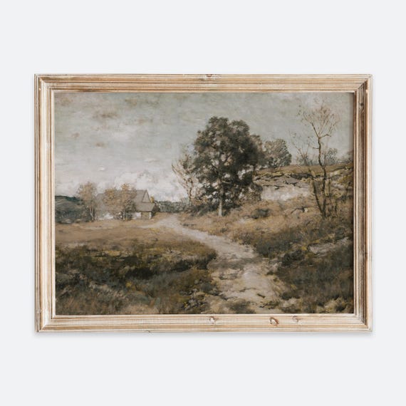 Rustic Vintage Countryside Cottage Trees Lined Garden Path Oil Painting Art Print Landscape Poster Antique Moody Farmhouse Vp198