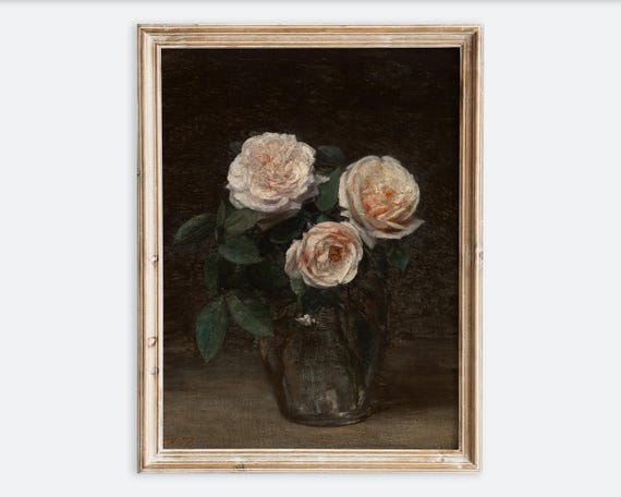 European Vintage Pink Rose Flowers In Clear Vase Still Life Wall Art Print Rustic Dark Floral Painting Antique Moody Farmhouse Poster Vp275