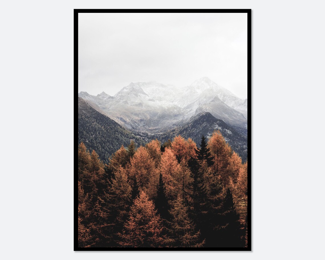 Autumn Leaves Forest Mountain Landscape Art Print - Image 2