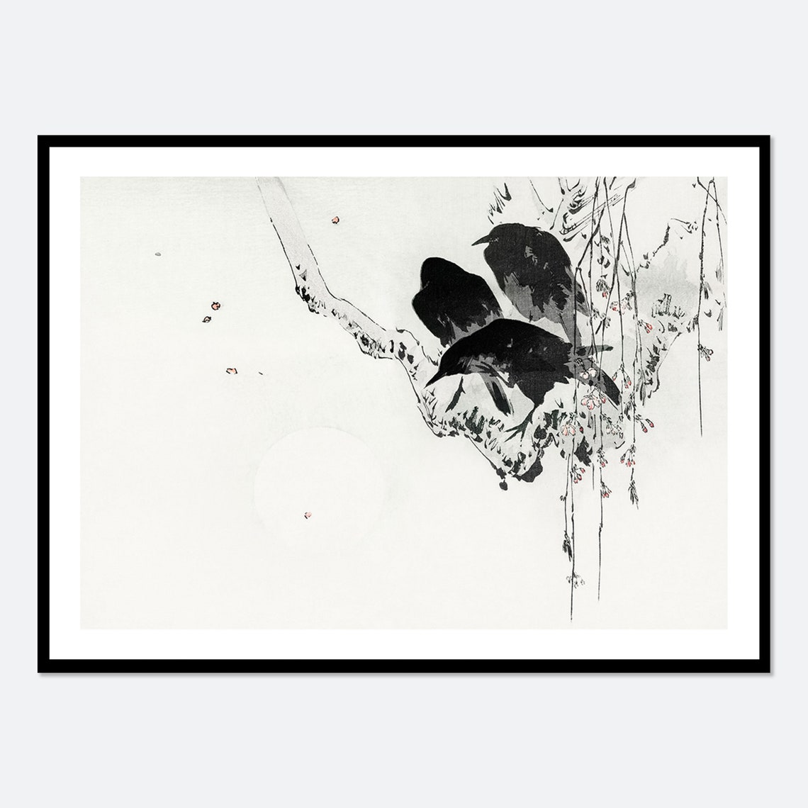 Three Crows on Flowering Plum Branch Vintage Japanese Woodblock Poster