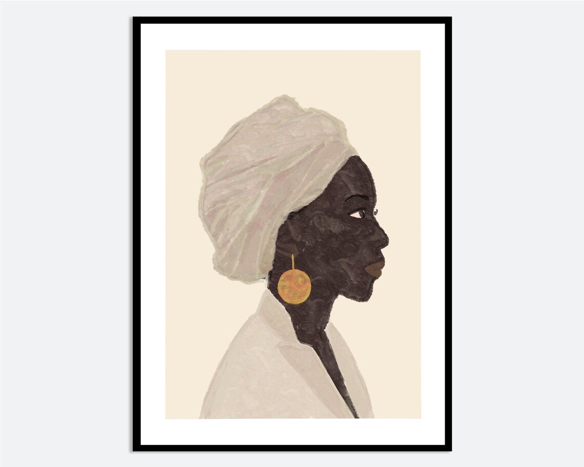 Modern Woman in Wrap Portrait Profile Gold Earring Hand Drawn Art Print