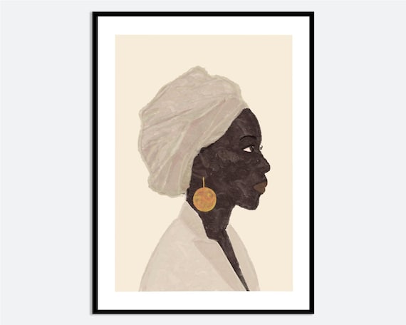 Modern Woman in Wrap Portrait Profile Gold Earring Hand Drawn Art Print