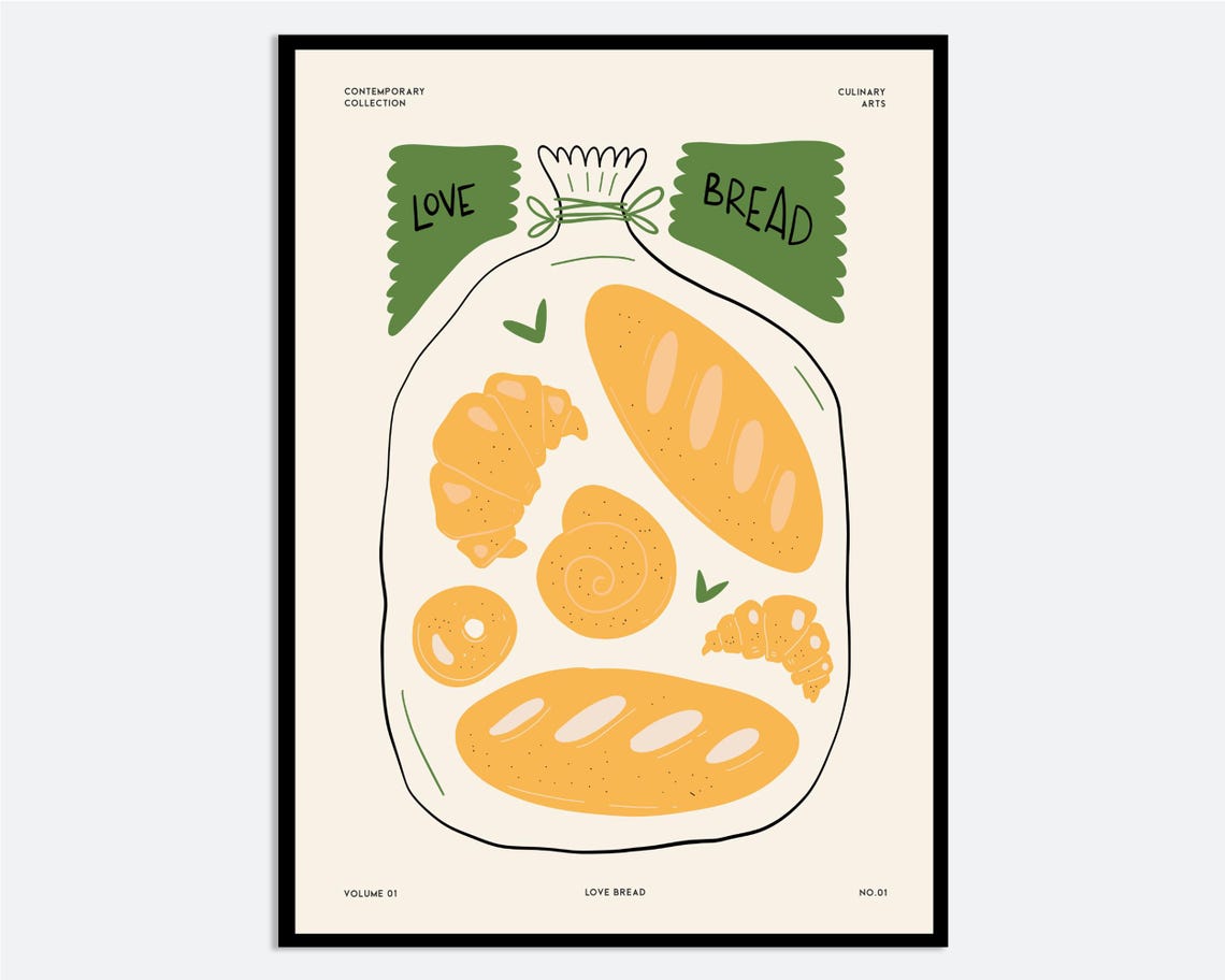 Love Bread Bag Bakery Croissant Minimal Kitchen Culinary Wall Art