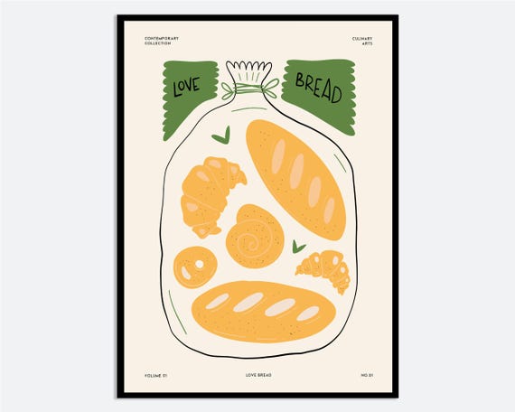 Love Bread Kitchen Wall Art Print Colorful Food Poster Minimalistic Dining Room Hand Drawn Baking Illustration Fp03
