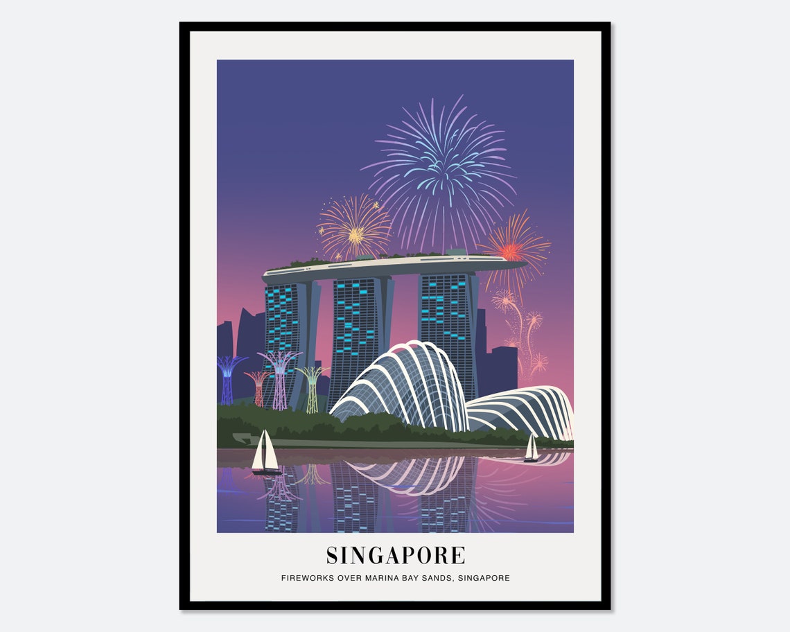 Singapore Fireworks Over Marina Bay Sands Night Skyline Travel Poster