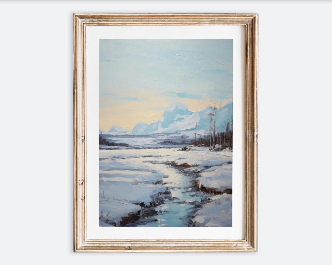 Frozen Mountain Stream Snowy Landscape Dawn Oil Painting Art Poster