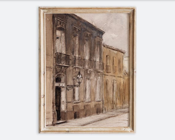 Rustic Vintage French Building Street Scene Oil Painting Wall Art Print Neutral Muted Landscape Poster Antique Moody Farmhouse Decor Vp200