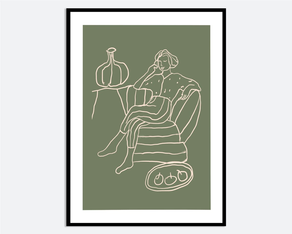 Contemporary Green Line Art Woman Lounging Armchair Figure Poster