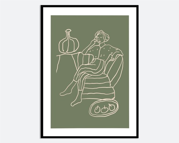 Contemporary Green Line Art Woman Lounging Armchair Figure Poster