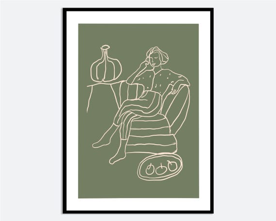 Contemporary Green Woman Sitting Line Art Wall Print Hand Drawn Modern Still Life Illustration Fun Minimalist Poster Ma149