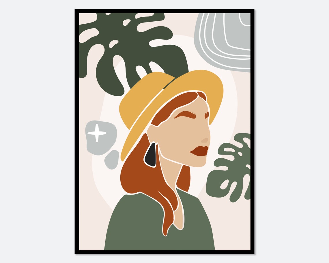 Boho Woman Profile in Yellow Sun Hat With Monstera Leaves Poster