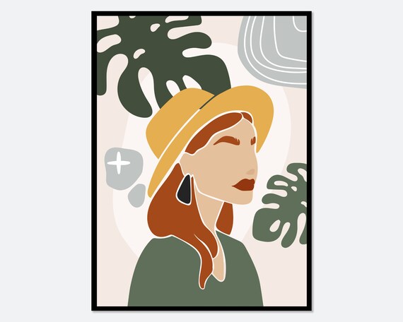 Boho Woman Profile in Yellow Sun Hat With Monstera Leaves Poster
