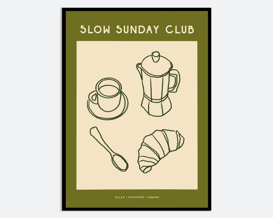 Slow Sunday Club Coffee Croissant Cafe Line Art Kitchen Poster