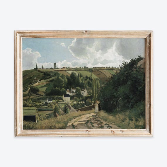 Rustic Vintage Farm In France Countryside Oil Painting Wall Art Print Neutral Muted Landscape Poster Antique Moody Farmhouse Decor Vp227