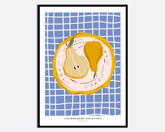Pears On Plate Geometric Still Life Wall Art Print Contemporary Modern Fruit Poster Illustration Hand Drawn Kitchen Decor Ma65