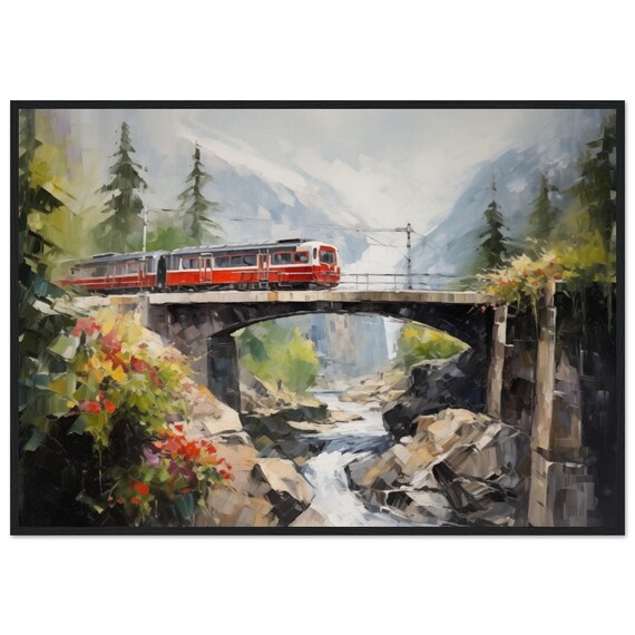 Switzerland Red Train Mountain Bridge Alpine Stream Oil Painting Poster