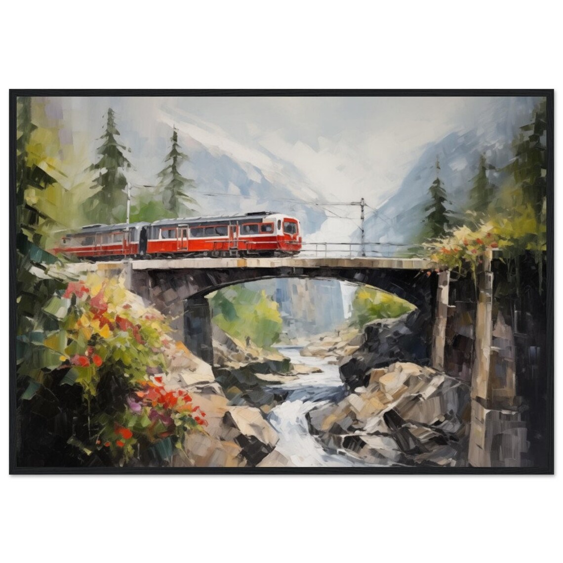 Switzerland Red Train Mountain Bridge Alpine Stream Oil Painting Poster