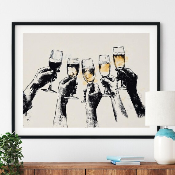 Cheers Toast Five Hands Holding Champagne Glasses Ink Sketch Wall Art