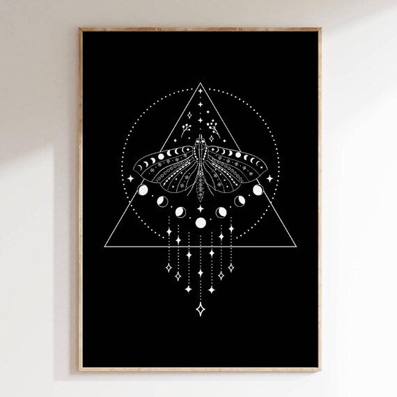 Mystical Moth Moon Phases Wall Art Black Spiritual Boho Line Decor