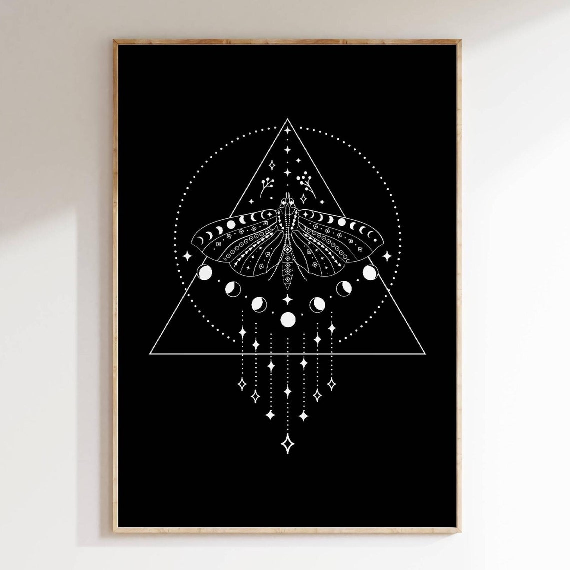 Mystical Moth Moon Phases Wall Art Black Spiritual Boho Line Decor