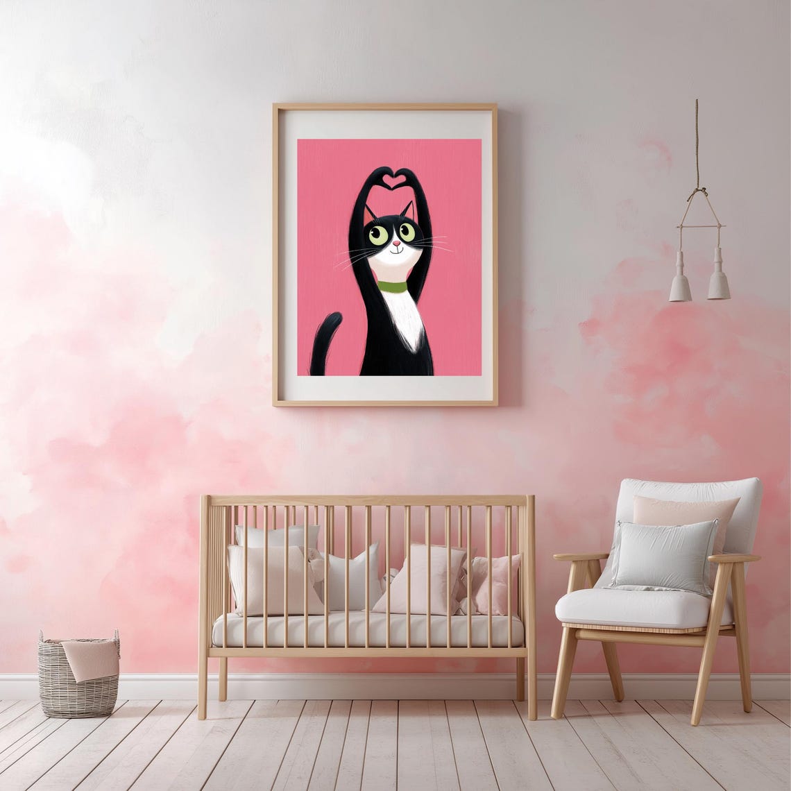 Cute Tuxedo Cat Making a Heart Pose on Pink Background Poster