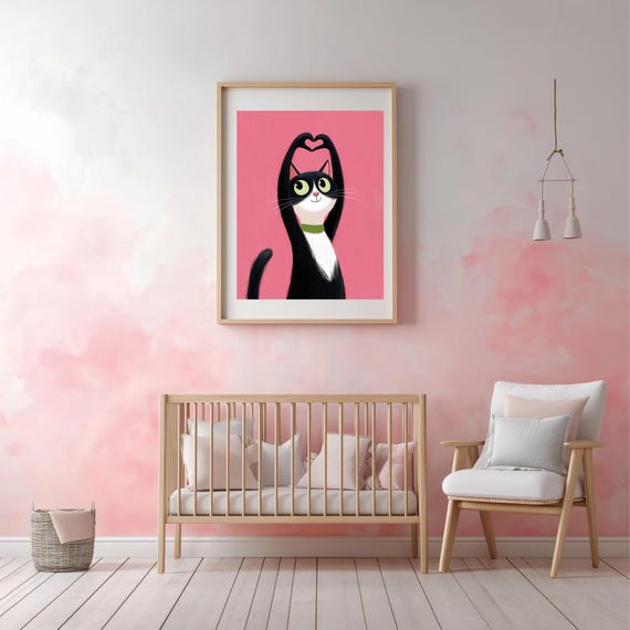 Cute Cat Art Print Black And White Heart Pose Animal Illustrations Childhood Pet Wall Decor Loving Pink Gift For Her
