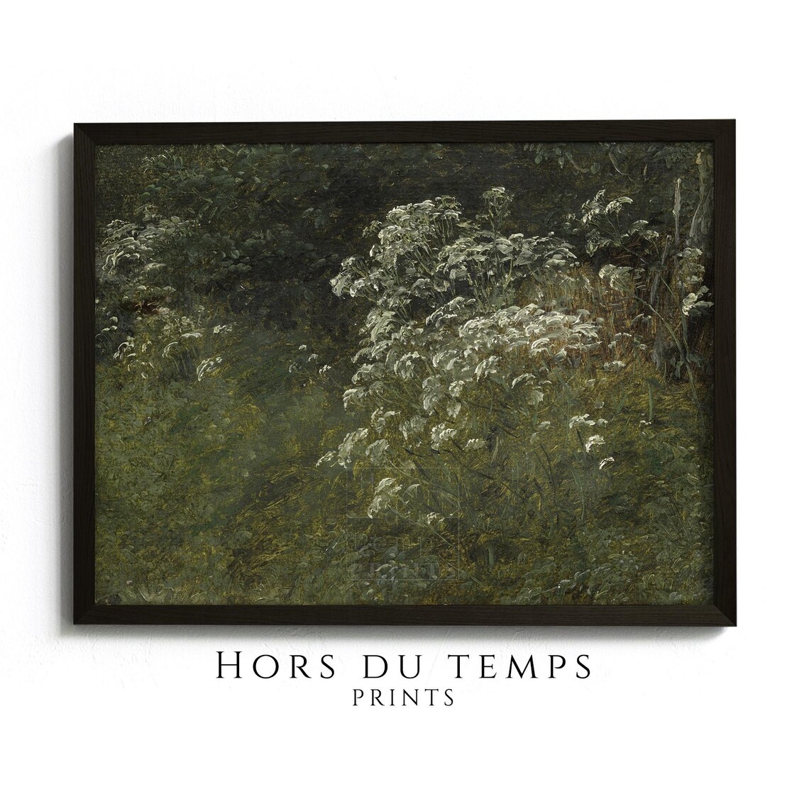 White Wildflowers Dark Forest Edge Night Garden Vintage Art Poster