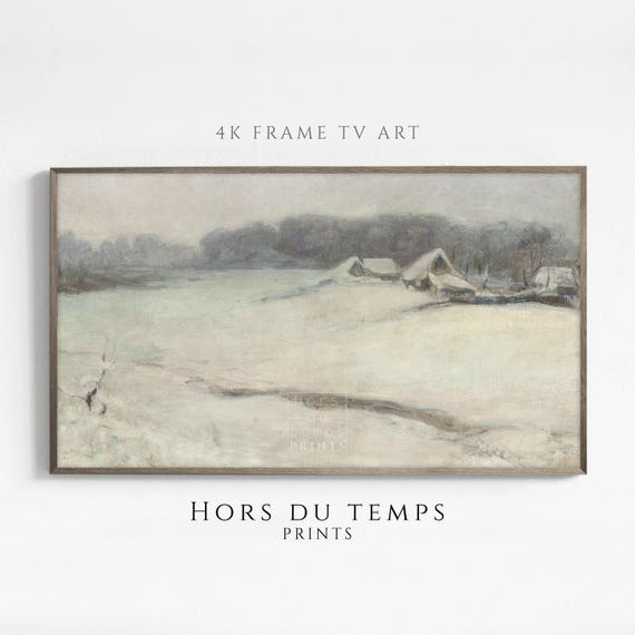 Muted Snowy Village Farmhouse Landscape Art For Frame Tv Vintage Cottagecore Painting Hors Du Temps Prints