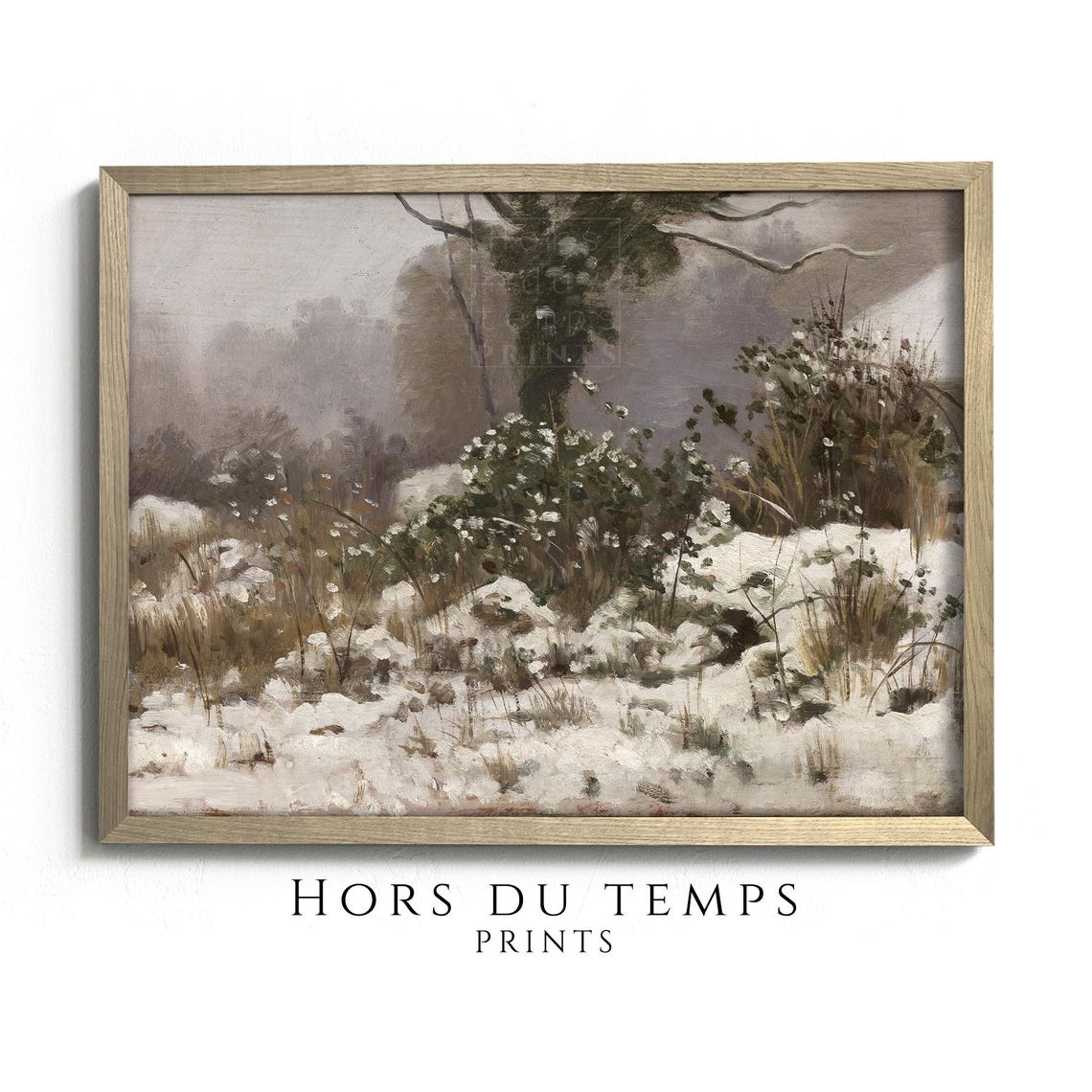 Snowy Field Muted Tones Winter Bushes Trees Rustic Vintage Art Poster