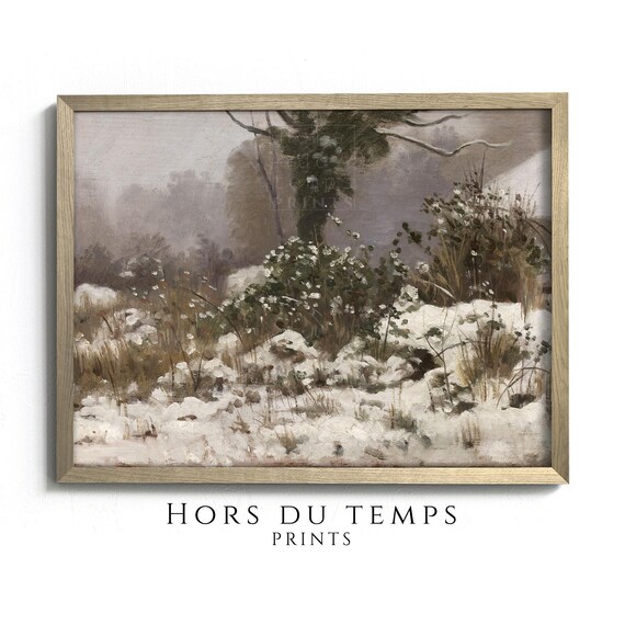 Snowy Field Muted Tones Winter Bushes Trees Rustic Vintage Art Poster