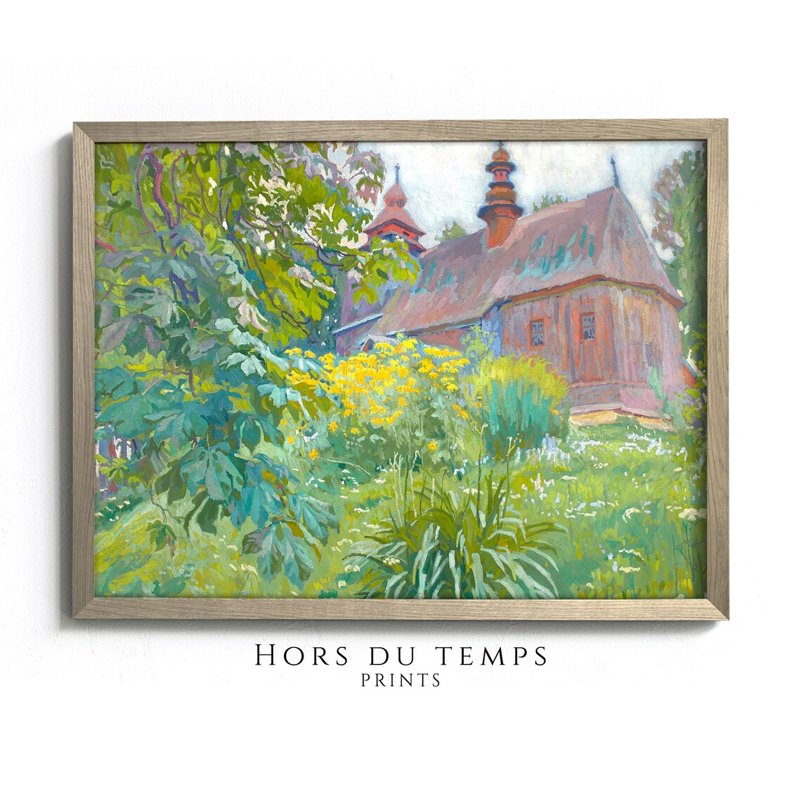 Rustic Wooden Church Flower Garden Vintage Village Scene Poster