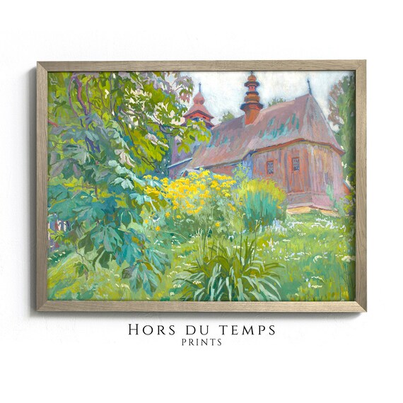 Rustic Wooden Church Flower Garden Vintage Village Scene Poster