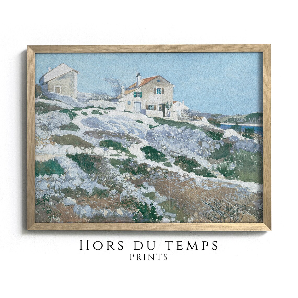 Rocky Hillside Houses in Early Snow Vintage Landscape Art Poster