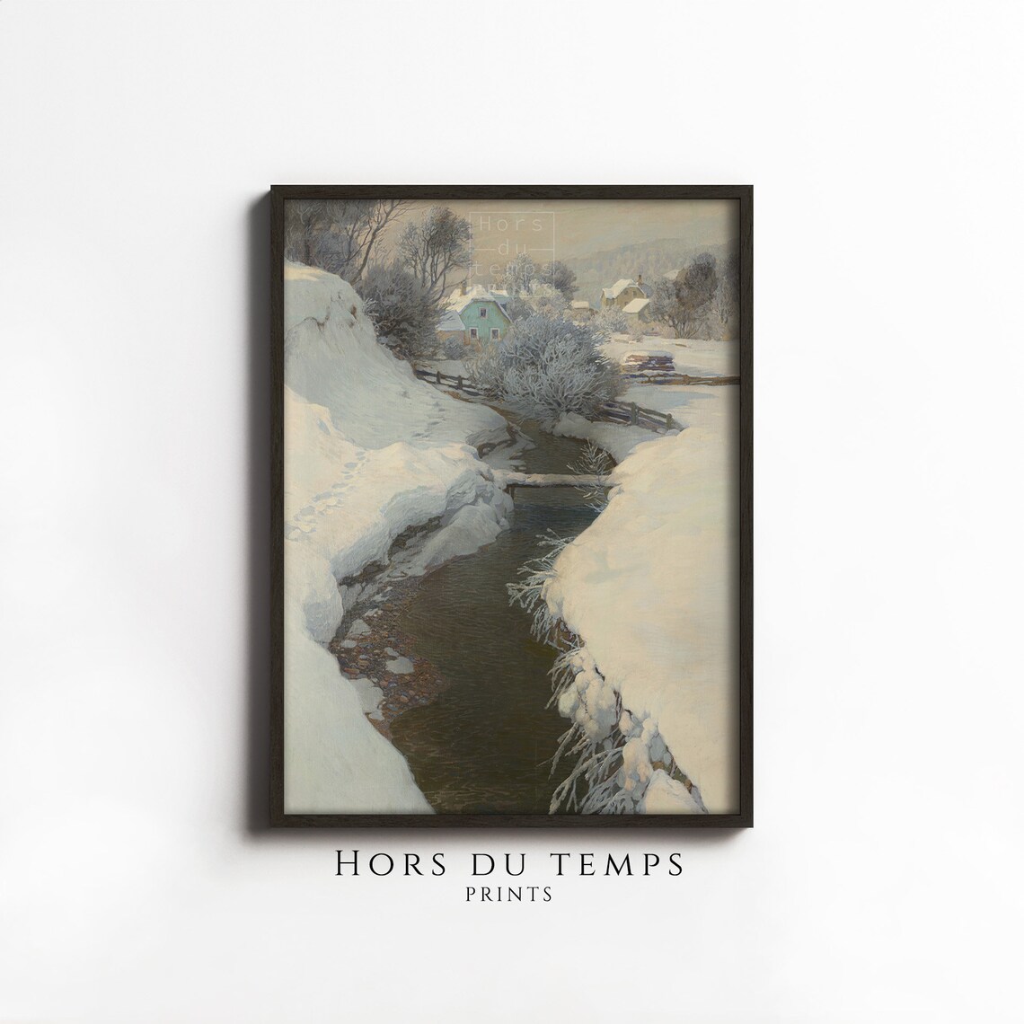 Snow Lined Stream to a Winter Village Vintage Landscape Art Poster