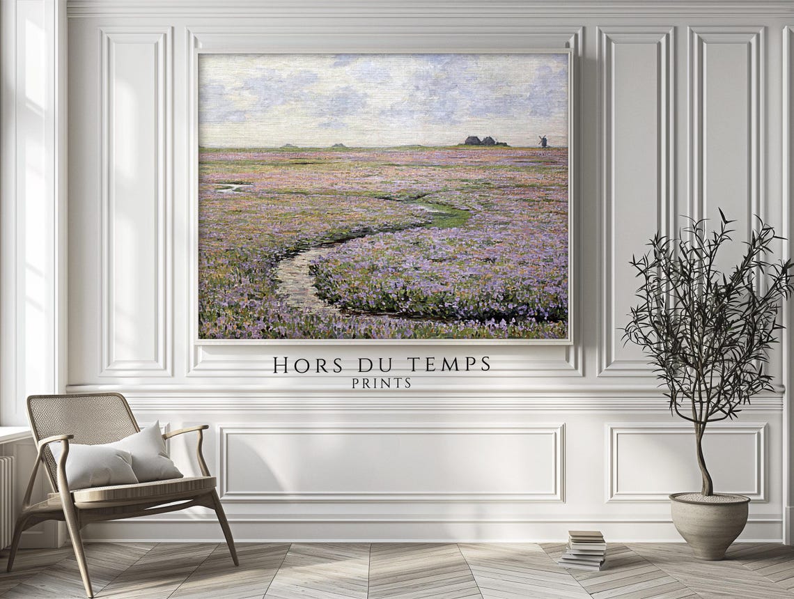 Vintage Purple Heather Field Stream Windmill Pointillist Meadow Poster - Image 2