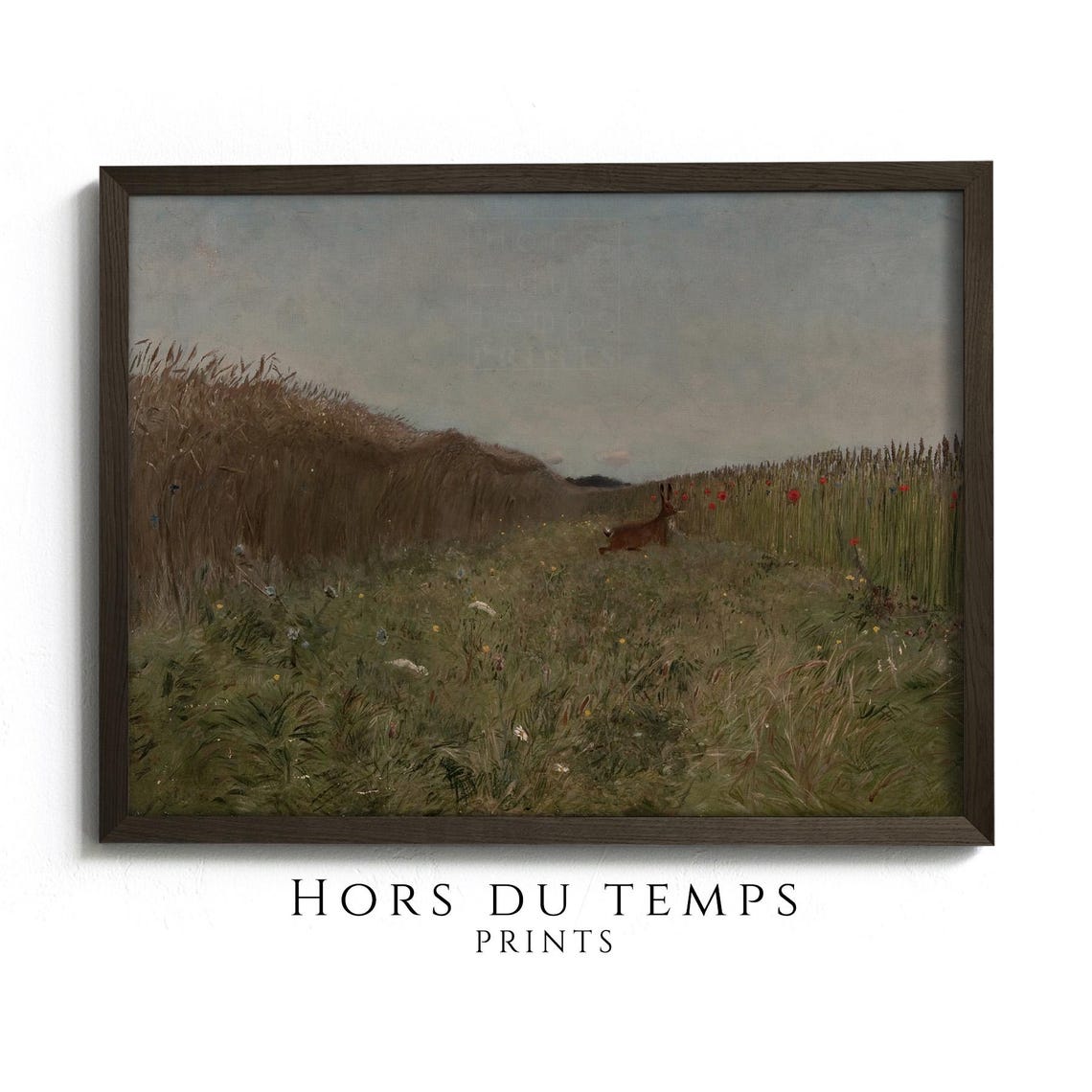 Deer in Wild Grass Field Poppy Meadow Muted Twilight Painting Poster