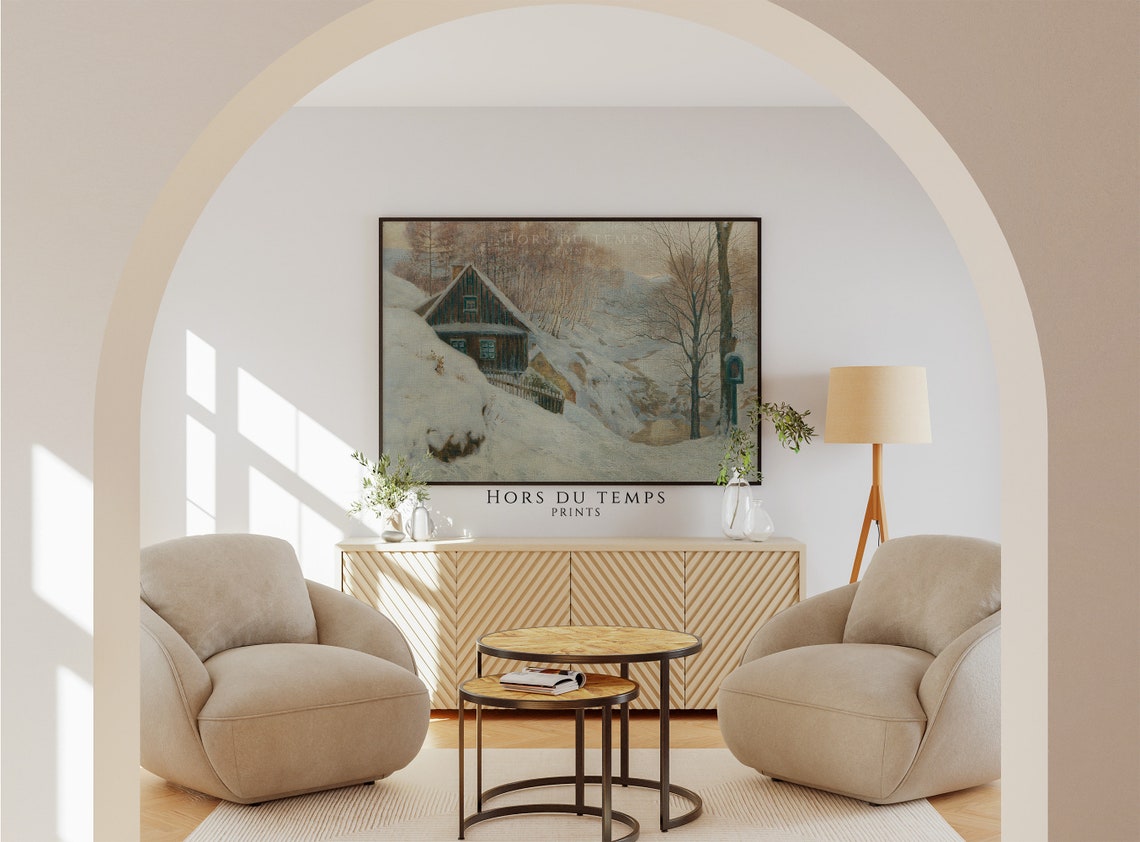 Secluded Snowy Wooden Mountain Cabin in Winter Forest Poster - Image 2