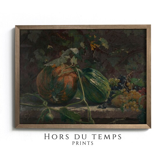 Vintage Pumpkin Squash Grapes Still Life Moody Earthy Tonal Painting Rustic Farmhouse Halloween Art Hors Du Temps Prints