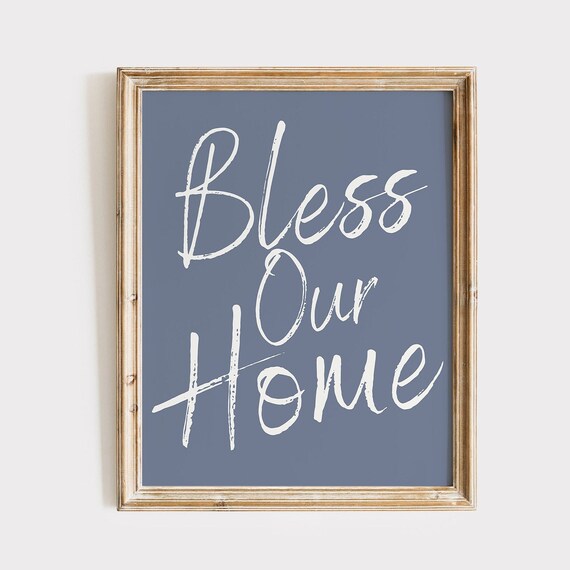 Bless Our Home Script Blue Farmhouse Christian Quote Decor Poster