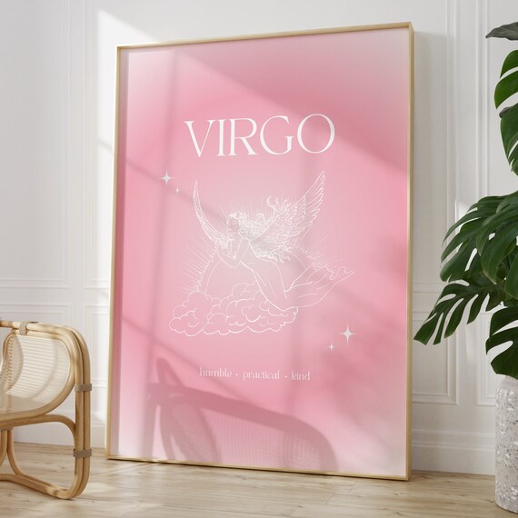 Virgo Zodiac Angel Pink Gradient Aura White Line Star Poster