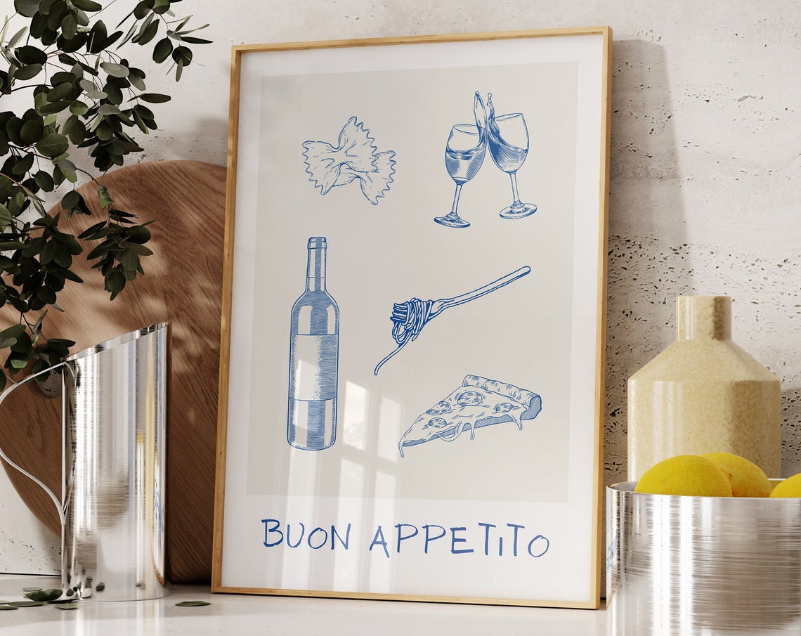 Buon Appetito Blue Italian Food Line Art Kitchen Decor Poster