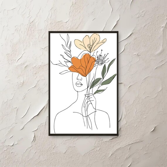 Minimalist Woman Line Art Floral Crown Boho Botanical Face Print