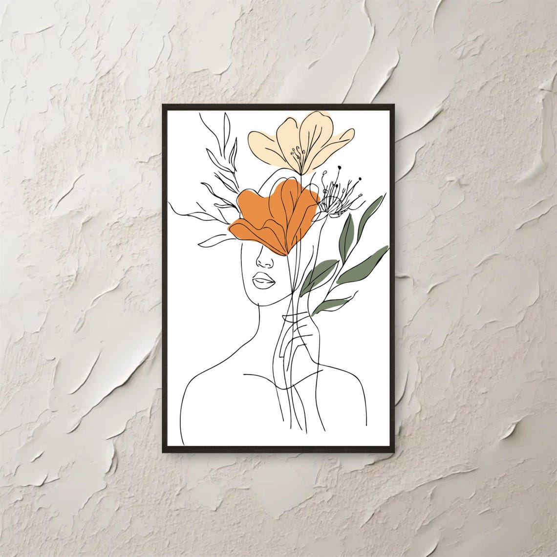 Abstract Line Art Woman Wall Minimalist Botanical Face Print Boho Modern Floral Poster Instant Png File