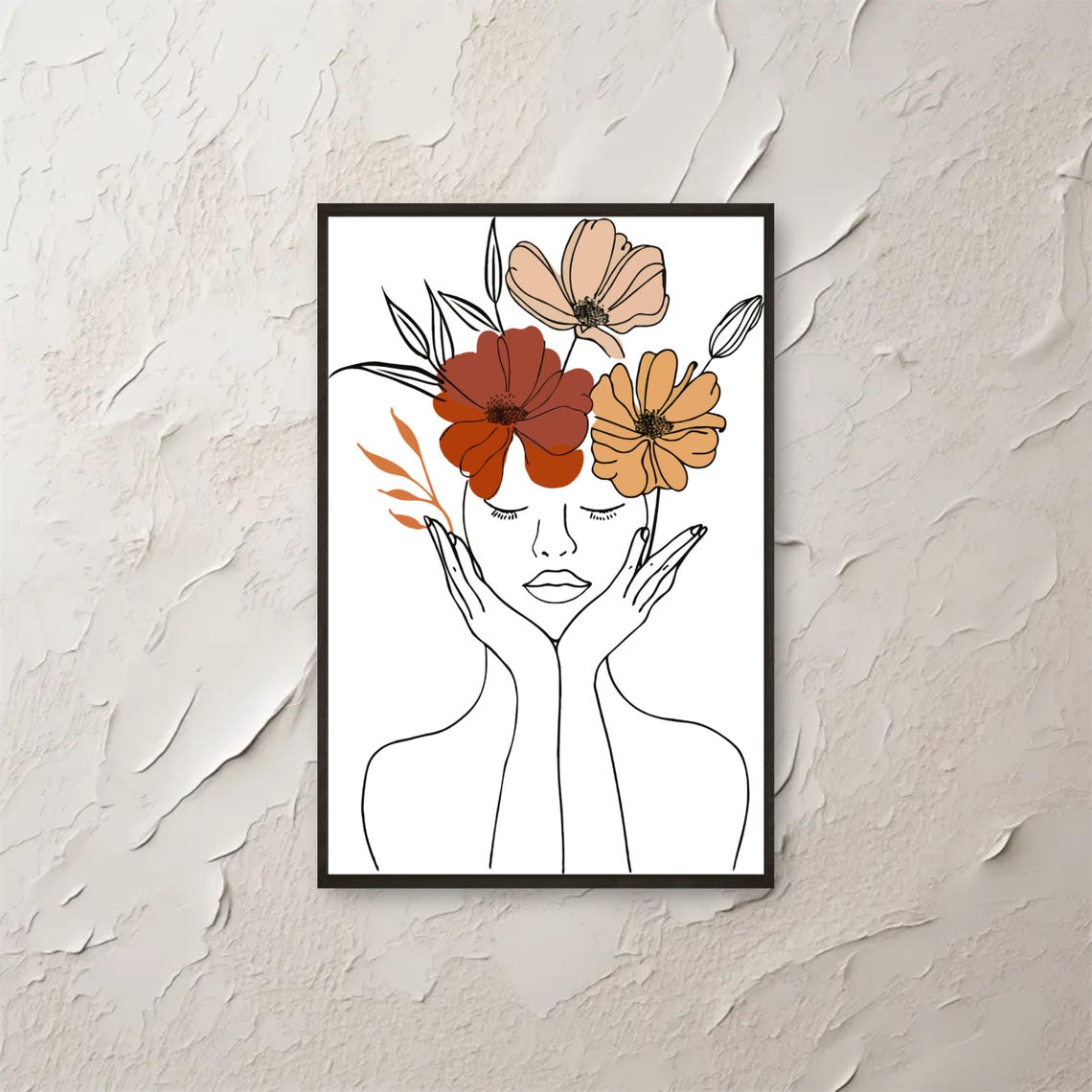 Boho Woman Floral Line Art Wall Abstract Botanical Face Poster Minimalist Modern Drawing Print Instant Png File
