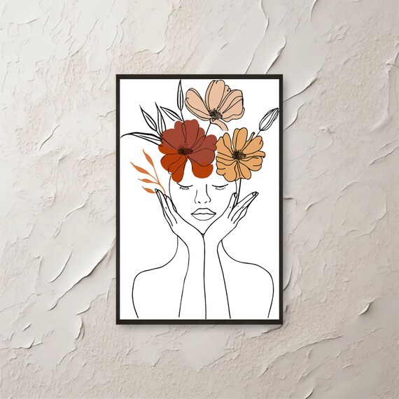 Boho Woman Line Art Face With Orange Floral Crown Botanical Poster
