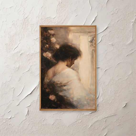 Vintage Woman in White Shawl Among Roses Dark Academia Print