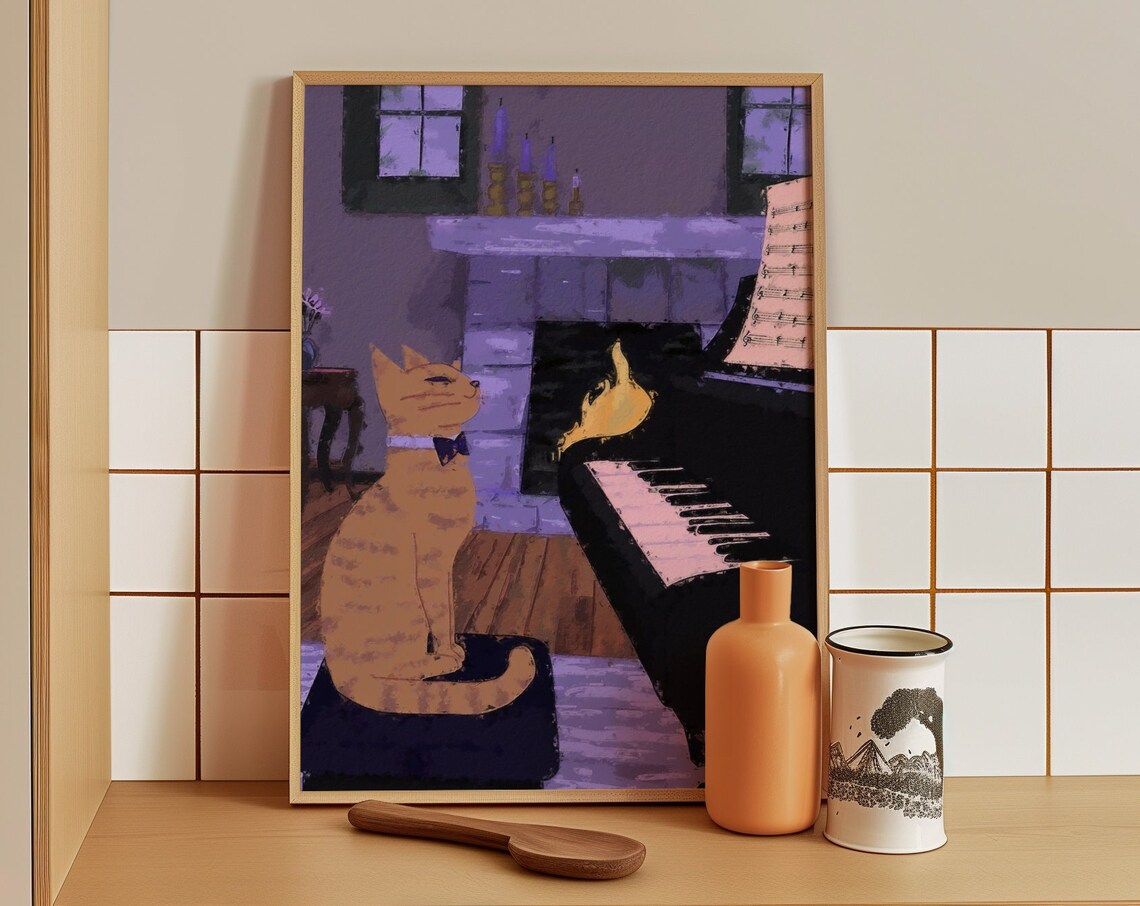 Ginger Cat In Bow Tie Playing Grand Piano By Fireplace Music Art Poster