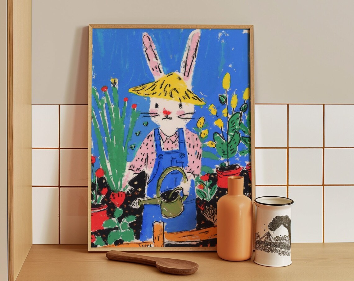 Cute Bunny Gardener Watering Flowers in Overalls and Straw Hat Poster